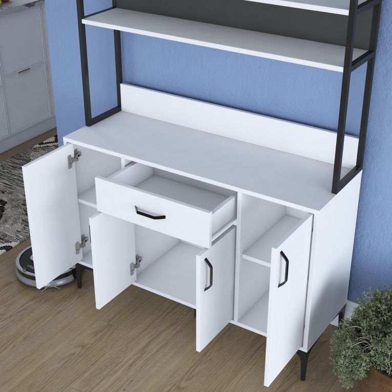 Credenza Bianco Nero 4 Ripiani un Cassetto 120x40x184h cm, 4 Ante - Camino
