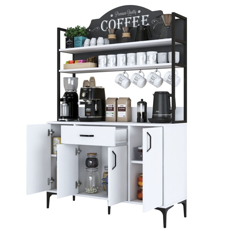 Credenza Bianco Nero 4 Ripiani un Cassetto 120x40x184h cm, 4 Ante - Camino