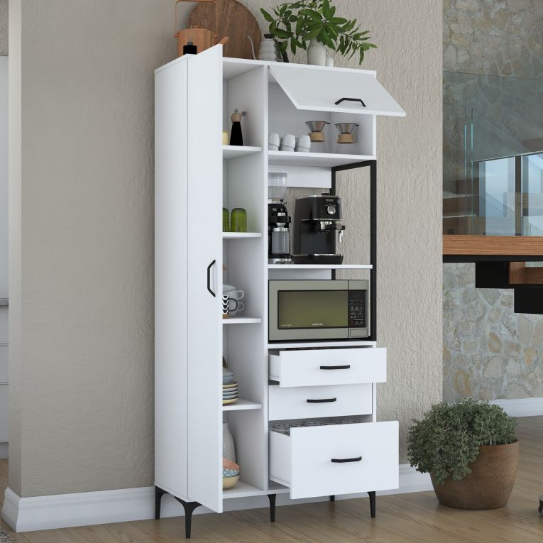 Credenza Bianco Nero 5 Ripiani 3 Cassetti 90x40x199h cm, 2 Ante - Solofra