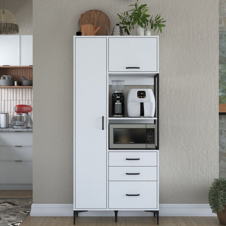 Credenza Bianco Nero 5 Ripiani 3 Cassetti 90x40x199h cm, 2 Ante - Solofra