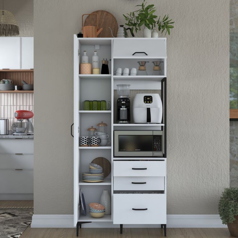 Credenza Bianco Nero 5 Ripiani 3 Cassetti 90x40x199h cm, 2 Ante - Solofra