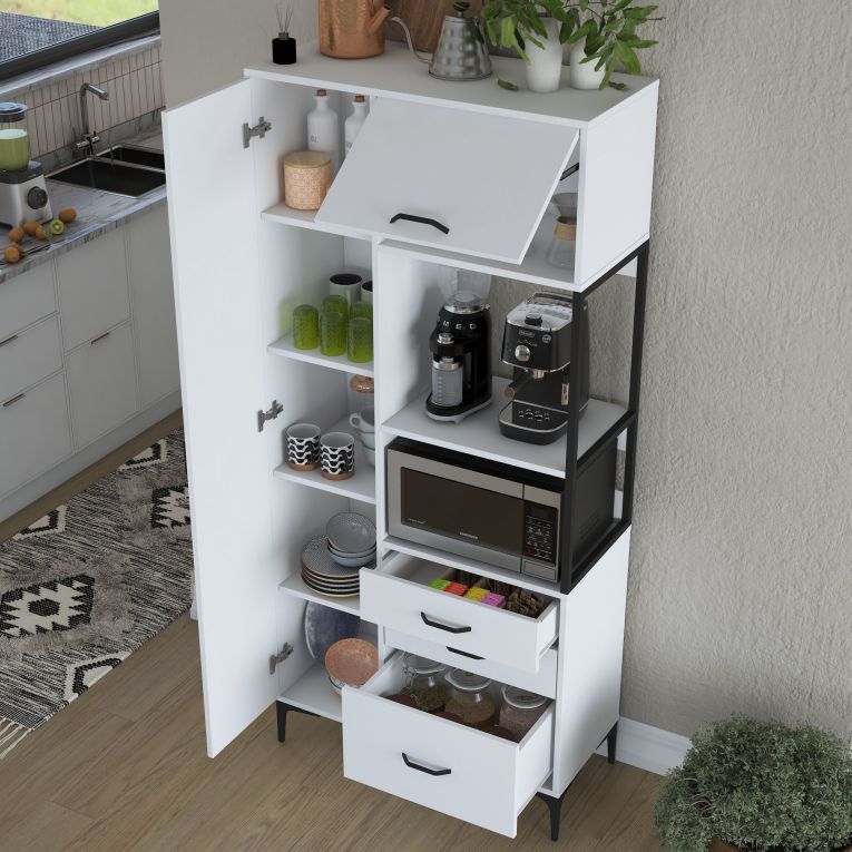 Credenza Bianco Nero 5 Ripiani 3 Cassetti 90x40x199h cm, 2 Ante - Solofra