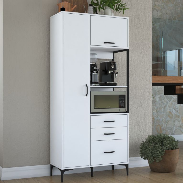 Credenza Bianco Nero 5 Ripiani 3 Cassetti 90x40x199h cm, 2 Ante - Solofra