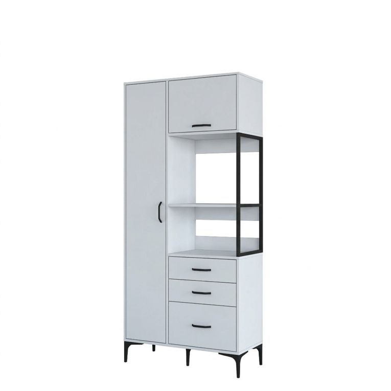 Credenza Bianco Nero 5 Ripiani 3 Cassetti 90x40x199h cm, 2 Ante - Solofra