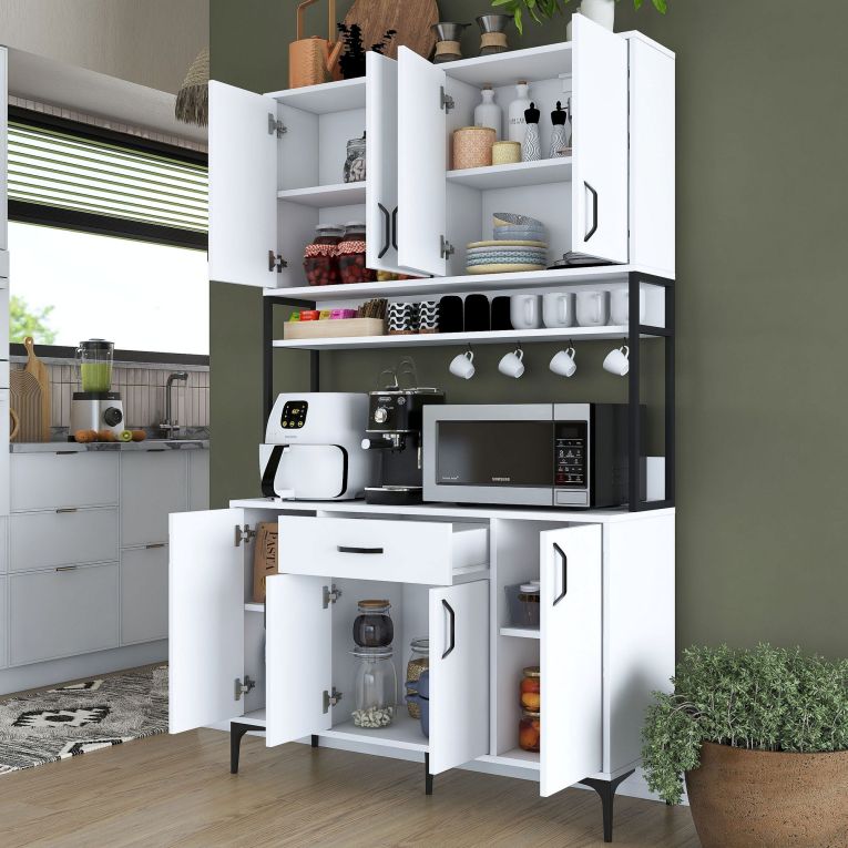Credenza Bianco Nero 5 Ripiani un Cassetto 120x40x199h cm, 8 Ante - Cavriago