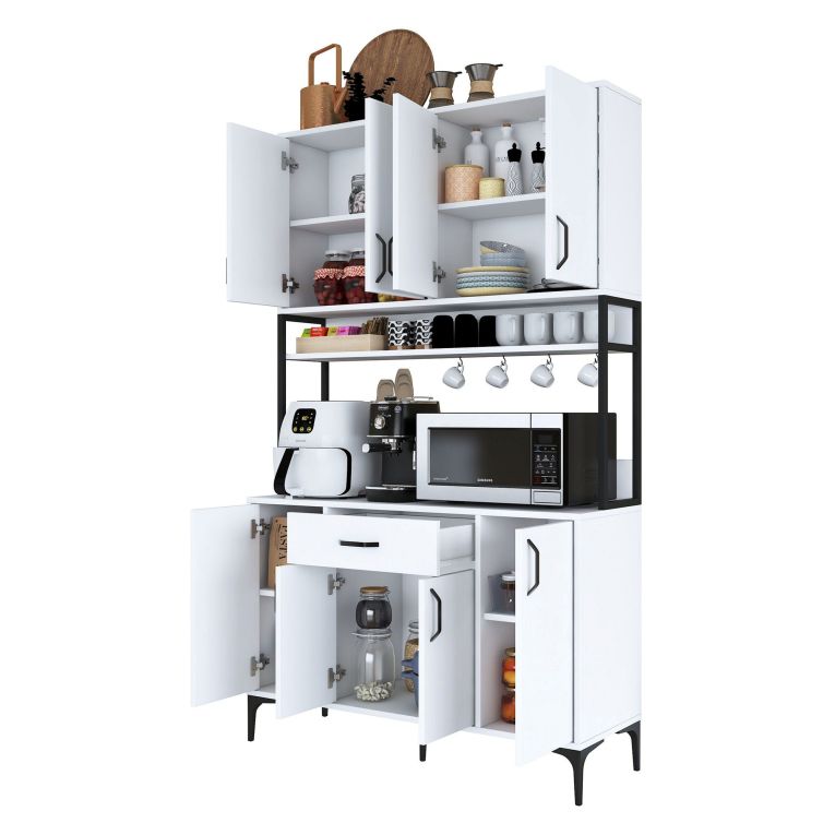 Credenza Bianco Nero 5 Ripiani un Cassetto 120x40x199h cm, 8 Ante - Cavriago