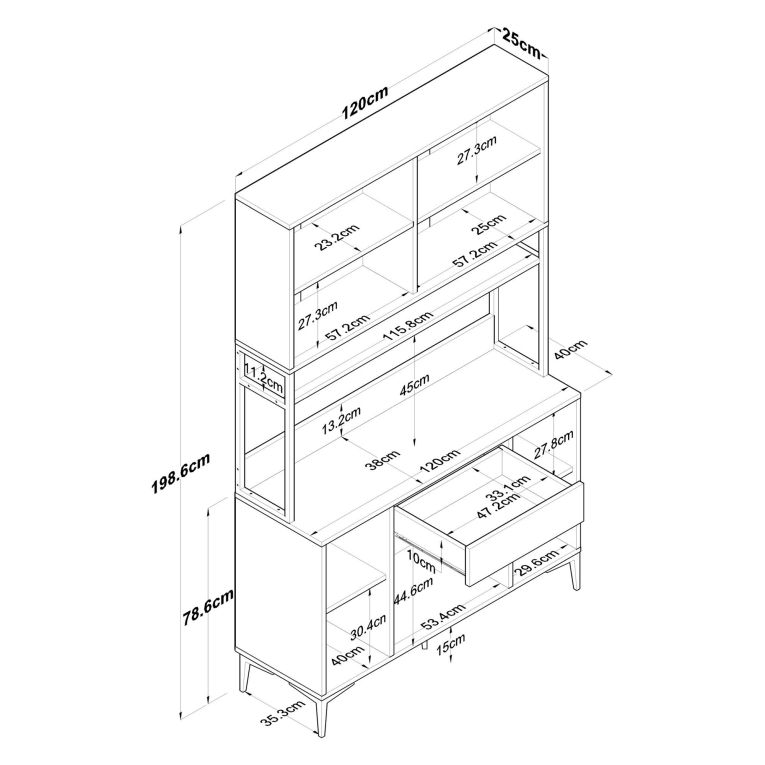 Credenza Bianco Nero 5 Ripiani un Cassetto 120x40x199h cm, 8 Ante - Cavriago