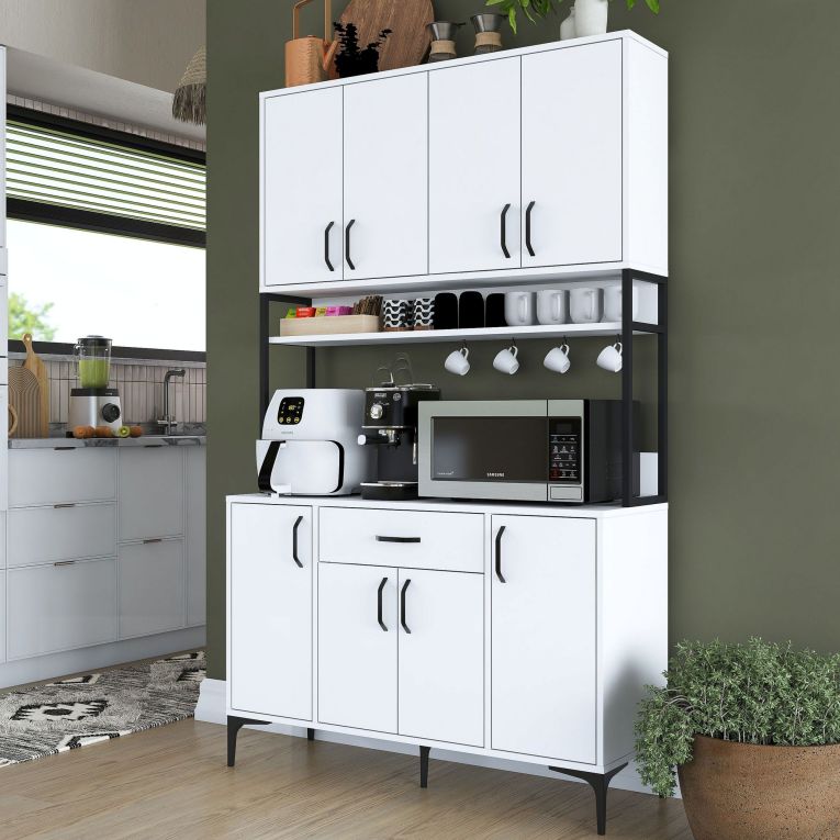 Credenza Bianco Nero 5 Ripiani un Cassetto 120x40x199h cm, 8 Ante - Cavriago