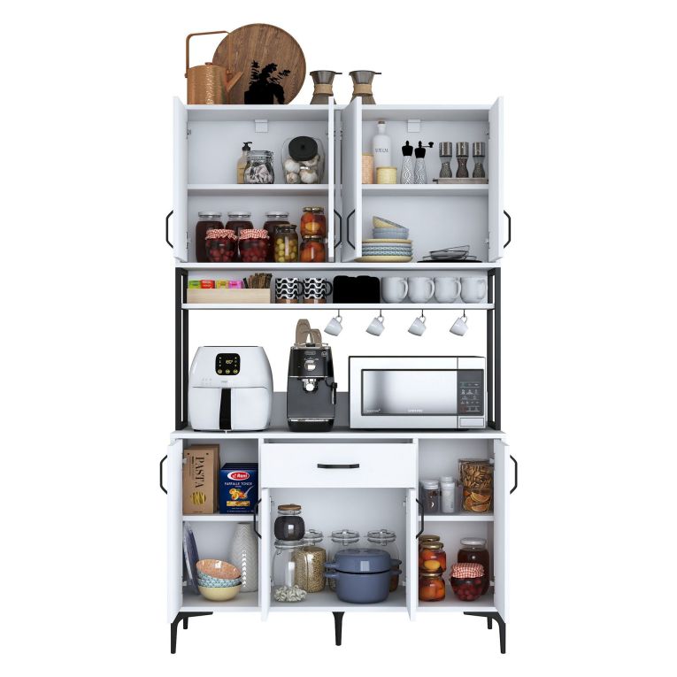 Credenza Bianco Nero 5 Ripiani un Cassetto 120x40x199h cm, 8 Ante - Cavriago