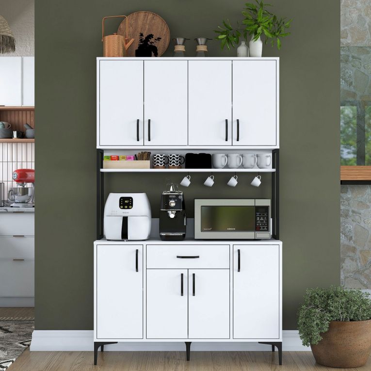Credenza Bianco Nero 5 Ripiani un Cassetto 120x40x199h cm, 8 Ante - Cavriago