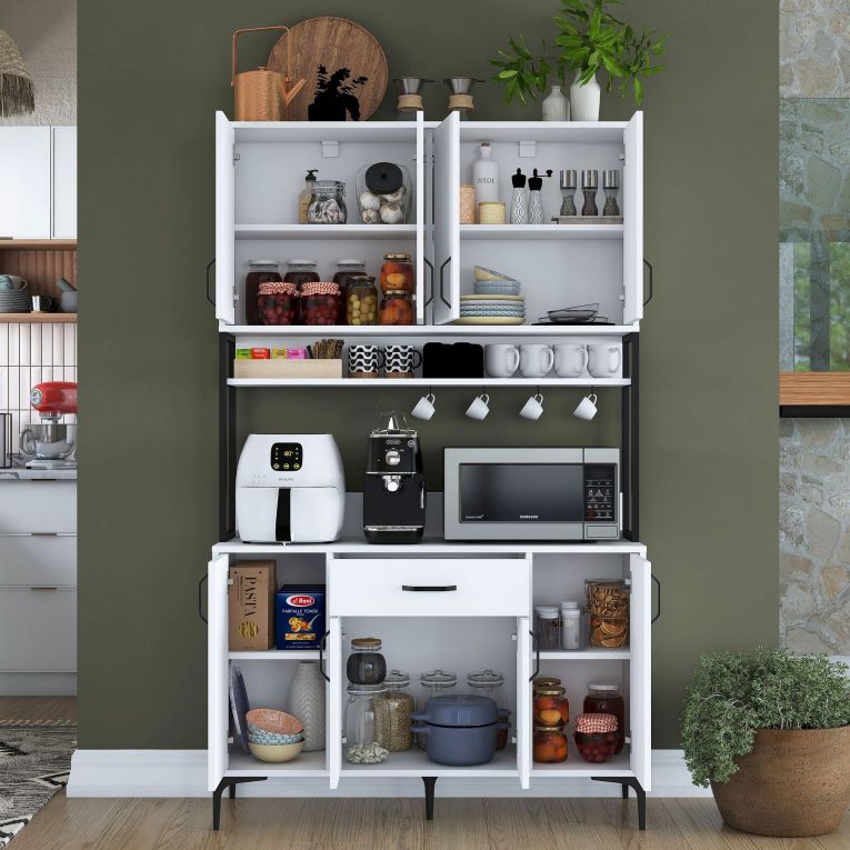Credenza Bianco Nero 5 Ripiani un Cassetto 120x40x199h cm, 8 Ante - Cavriago