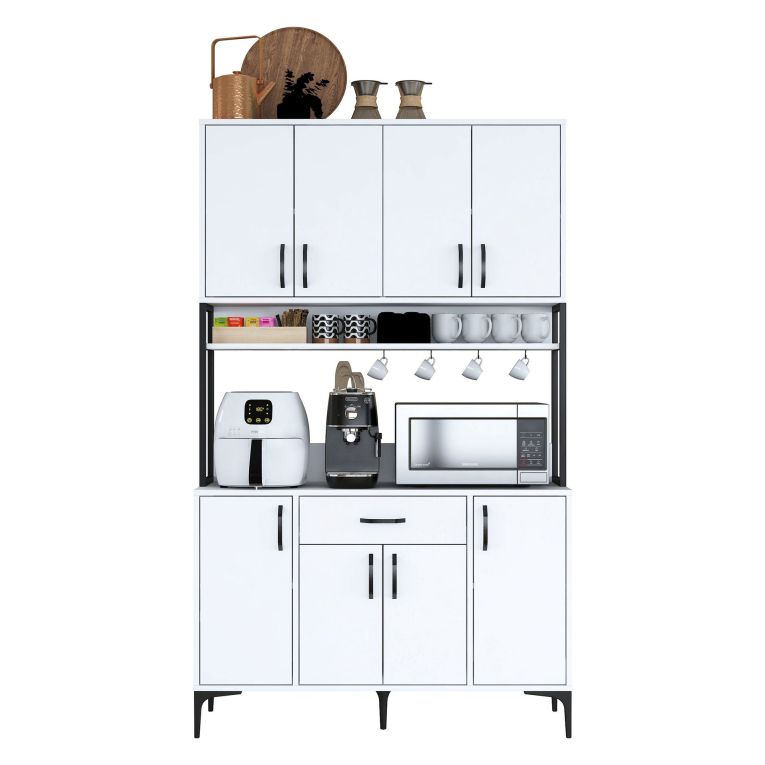 Credenza Bianco Nero 5 Ripiani un Cassetto 120x40x199h cm, 8 Ante - Cavriago