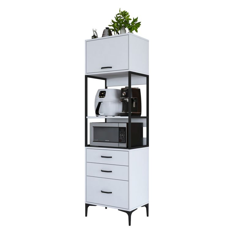 Credenza Bianco Nero un Ripiano 3 Cassetti 60x40x199h cm, Un'anta - Capua