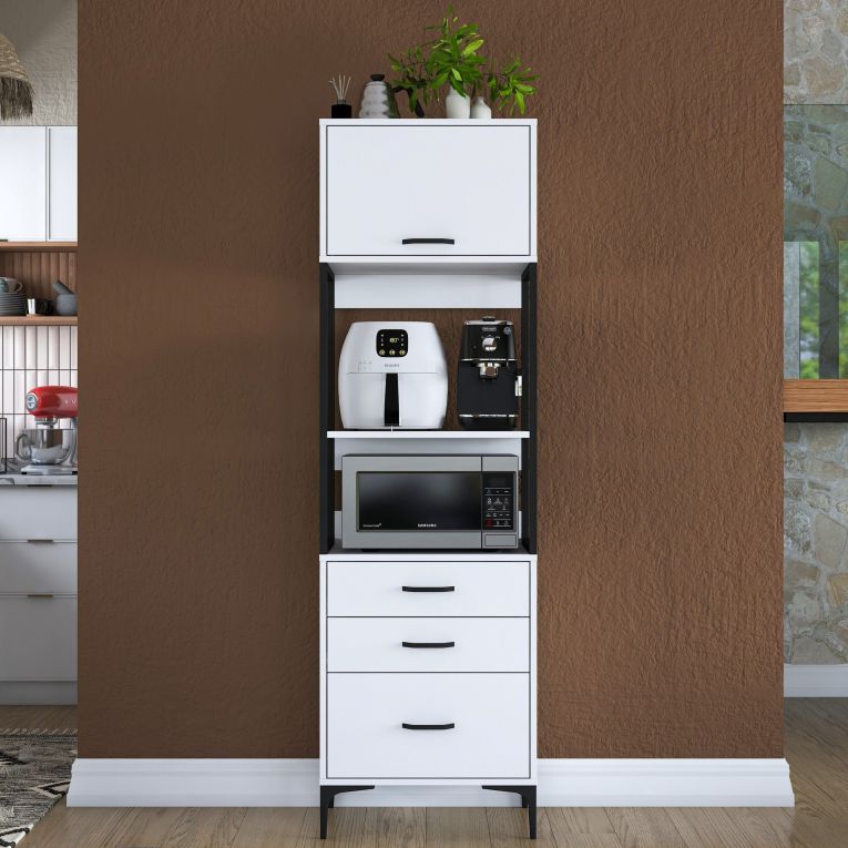 Credenza Bianco Nero un Ripiano 3 Cassetti 60x40x199h cm, Un'anta - Capua