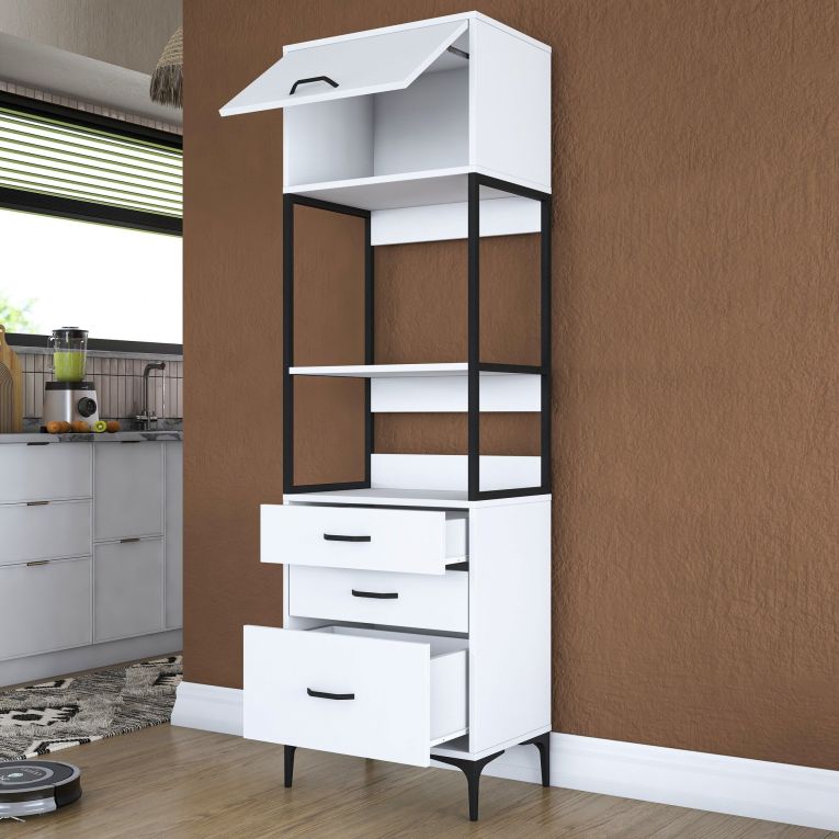 Credenza Bianco Nero un Ripiano 3 Cassetti 60x40x199h cm, Un'anta - Capua
