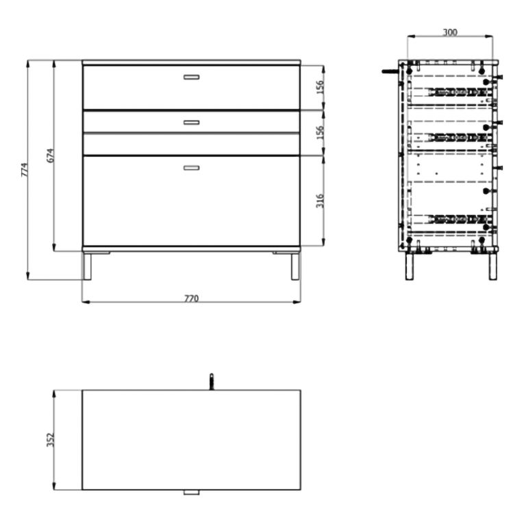 Credenza Bianco Nero un Ripiano 3 Cassetti 77x35x78h cm, 3 Vani - Diani