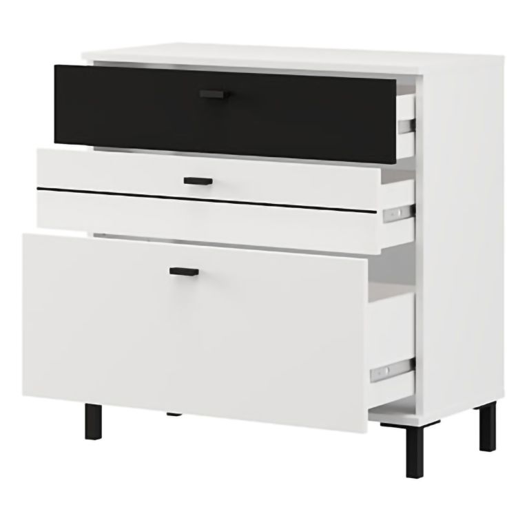 Credenza Bianco Nero un Ripiano 3 Cassetti 77x35x78h cm, 3 Vani - Diani