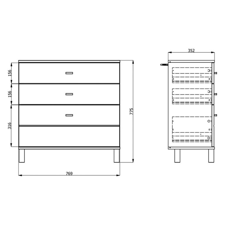 Credenza Bianco Opaco 3 Cassetti un Ripiano 77x35x78h cm, Apertura Scorrevole - Mindo