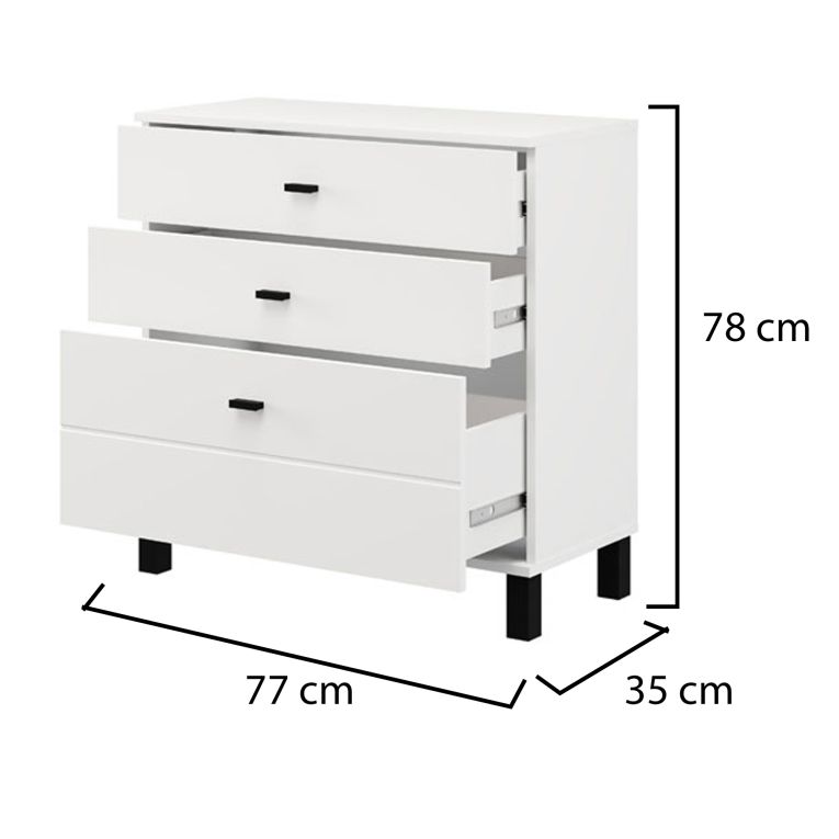 Credenza Bianco Opaco 3 Cassetti un Ripiano 77x35x78h cm, Apertura Scorrevole - Mindo