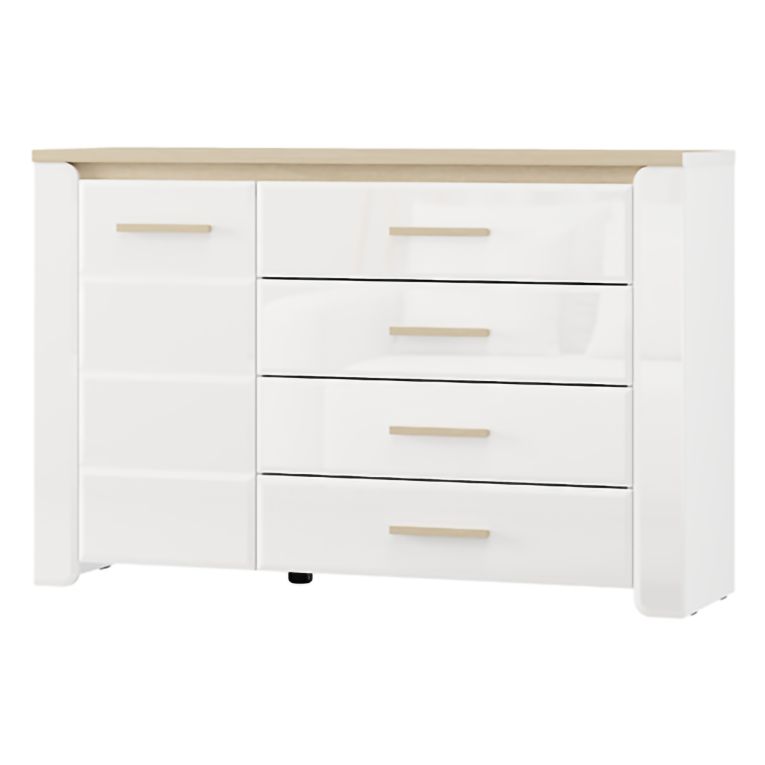 Credenza Bianco Opaco Marrone Rovere 2 Ripiani 4 Cassetti 135x40x88h cm, Un'anta - Bicheno