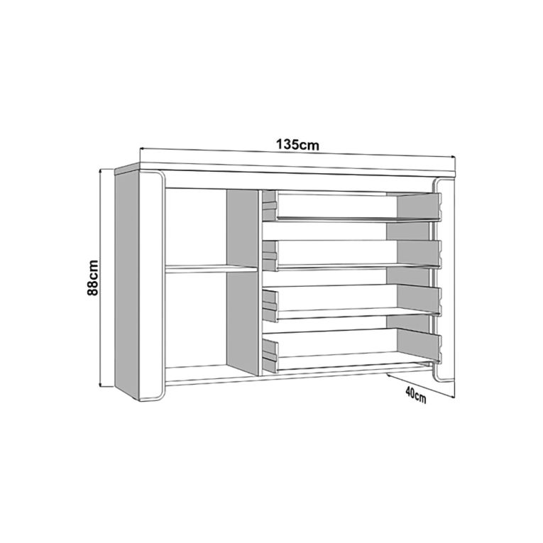 Credenza Bianco Opaco Marrone Rovere 2 Ripiani 4 Cassetti 135x40x88h cm, Un'anta - Bicheno