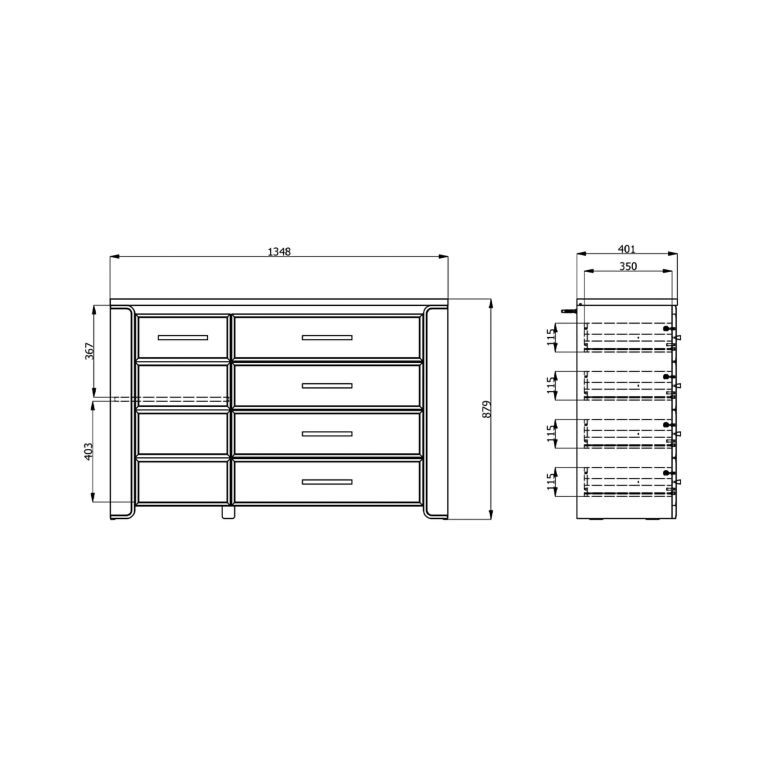 Credenza Bianco Opaco Marrone Rovere 2 Ripiani 4 Cassetti 135x40x88h cm, Un'anta - Bicheno