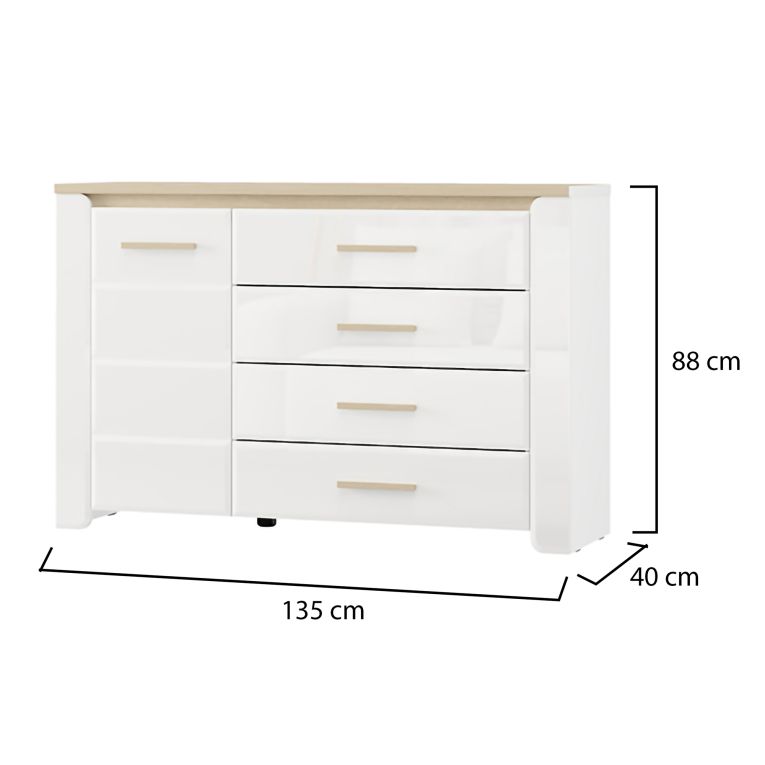 Credenza Bianco Opaco Marrone Rovere 2 Ripiani 4 Cassetti 135x40x88h cm, Un'anta - Bicheno