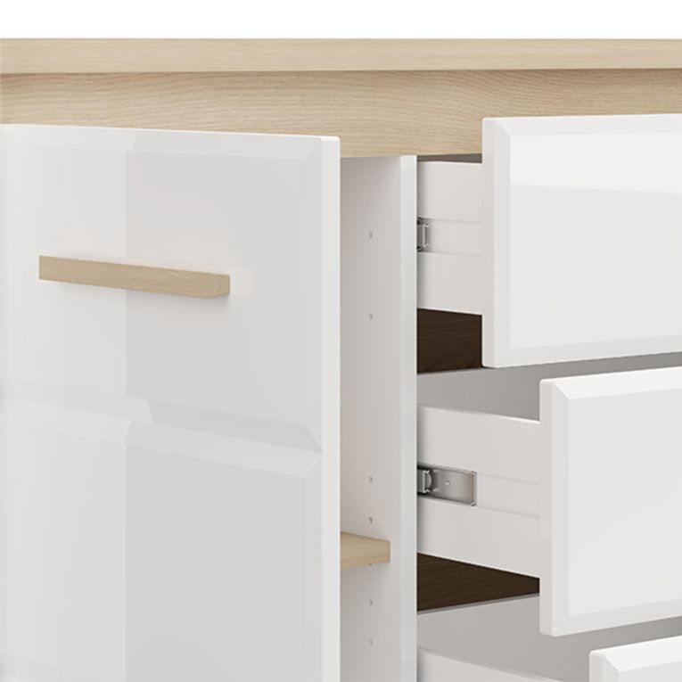 Credenza Bianco Opaco Marrone Rovere 2 Ripiani 4 Cassetti 135x40x88h cm, Un'anta - Bicheno