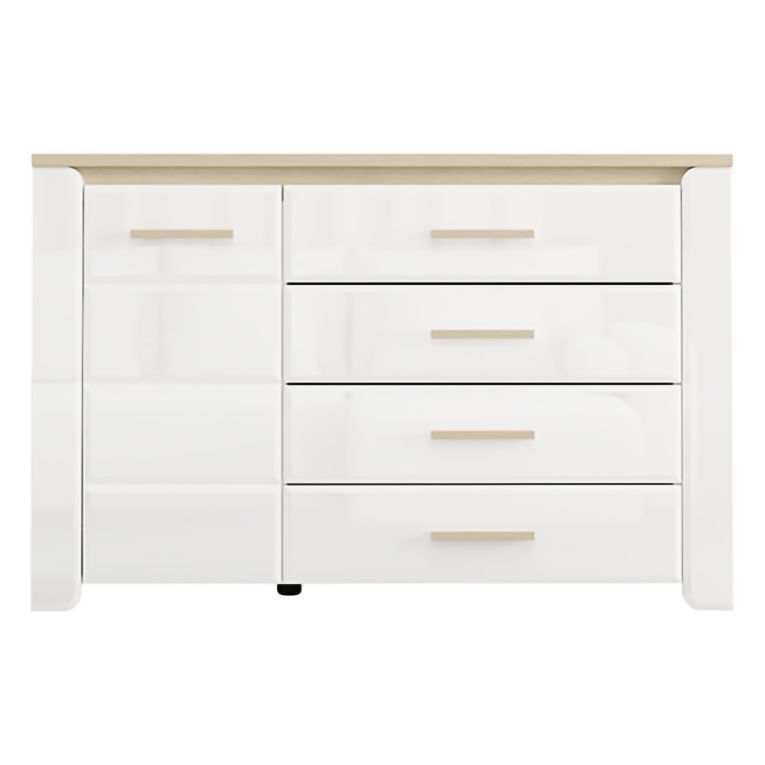 Credenza Bianco Opaco Marrone Rovere 2 Ripiani 4 Cassetti 135x40x88h cm, Un'anta - Bicheno