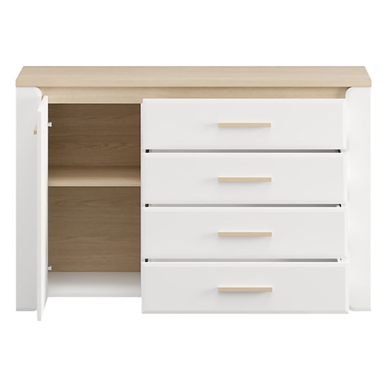 Credenza Bianco Opaco Marrone Rovere 2 Ripiani 4 Cassetti 135x40x88h cm, Un'anta - Bicheno