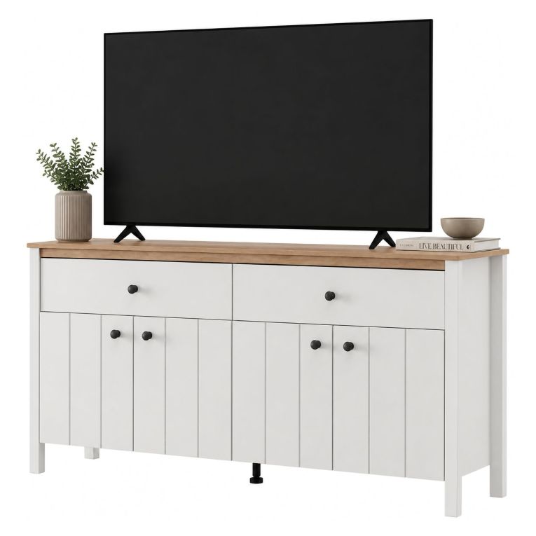 Credenza Bianco Opaco Marrone Rovere 3 Ripiani 2 Cassetti 163x40x92h cm, 4 Ante - Belve