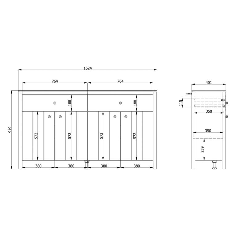 Credenza Bianco Opaco Marrone Rovere 3 Ripiani 2 Cassetti 163x40x92h cm, 4 Ante - Belve