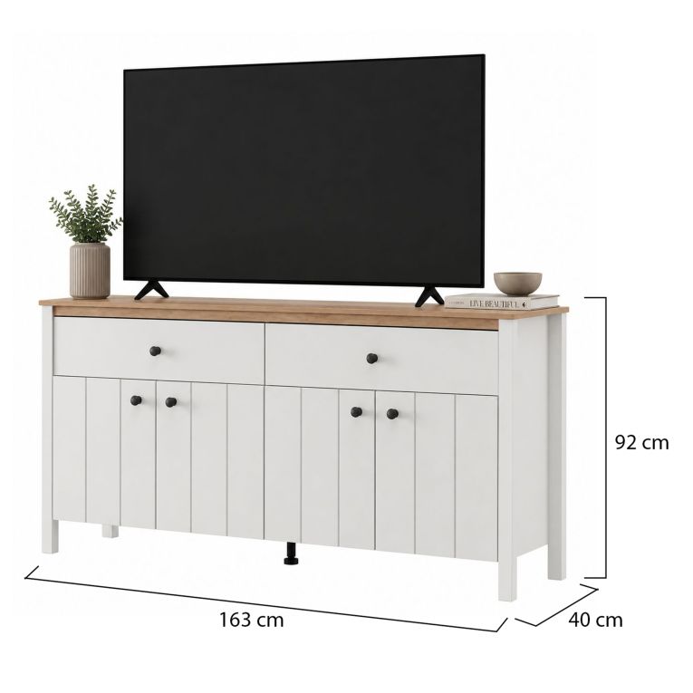 Credenza Bianco Opaco Marrone Rovere 3 Ripiani 2 Cassetti 163x40x92h cm, 4 Ante - Belve