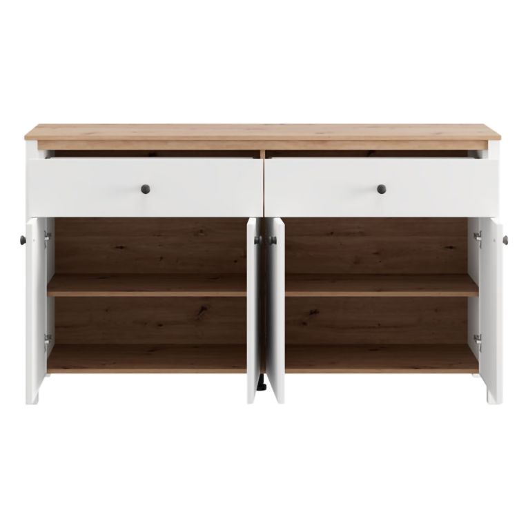 Credenza Bianco Opaco Marrone Rovere 3 Ripiani 2 Cassetti 163x40x92h cm, 4 Ante - Belve