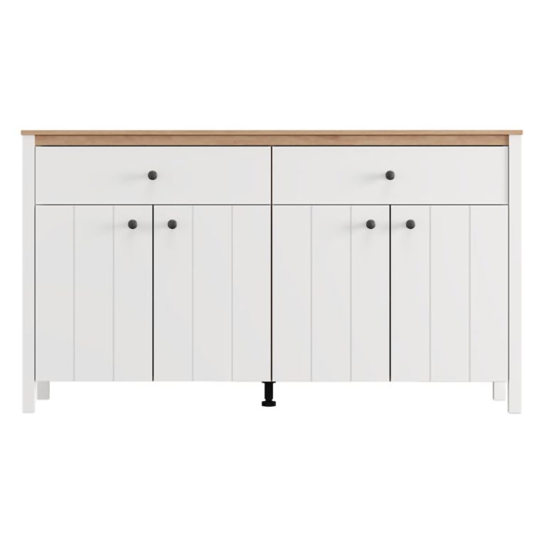 Credenza Bianco Opaco Marrone Rovere 3 Ripiani 2 Cassetti 163x40x92h cm, 4 Ante - Belve