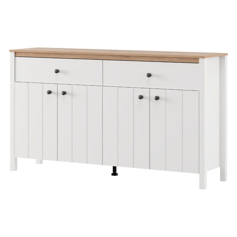 Credenza Bianco Opaco Marrone Rovere 3 Ripiani 2 Cassetti 163x40x92h cm, 4 Ante - Belve