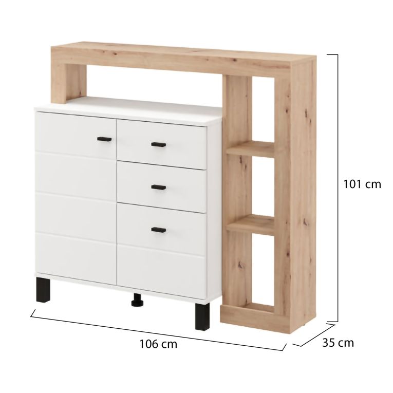 Credenza Bianco Opaco Marrone Rovere 4 Ripiani 3 Cassetti 106x35x101h cm, Un'anta - Coloni