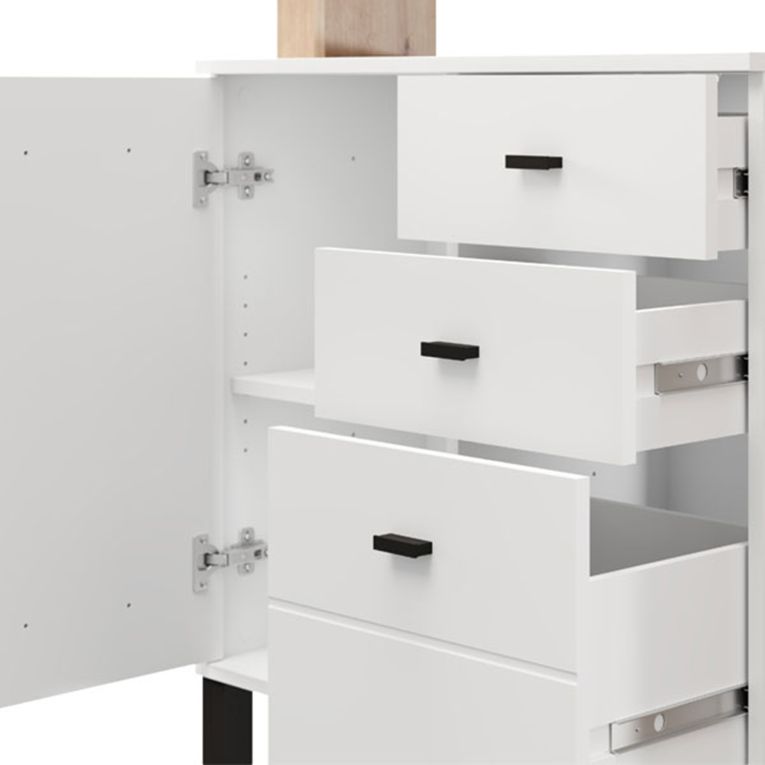 Credenza Bianco Opaco Marrone Rovere 4 Ripiani 3 Cassetti 106x35x101h cm, Un'anta - Coloni