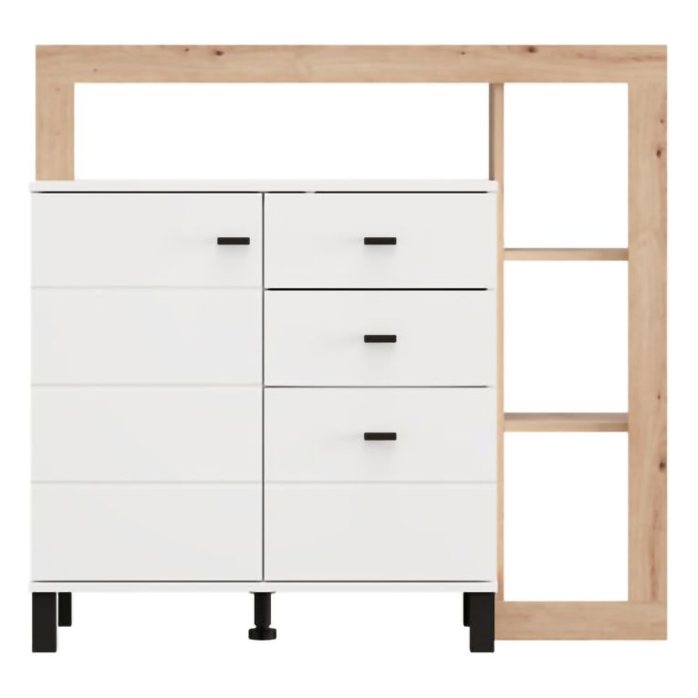 Credenza Bianco Opaco Marrone Rovere 4 Ripiani 3 Cassetti 106x35x101h cm, Un'anta - Coloni