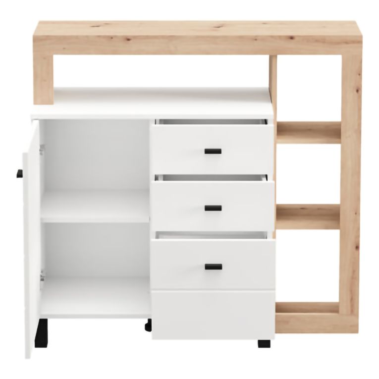 Credenza Bianco Opaco Marrone Rovere 4 Ripiani 3 Cassetti 106x35x101h cm, Un'anta - Coloni
