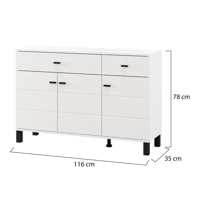 Credenza Bianco Opaco Nero 2 Cassetti 3 Ripiani 116x35x78h cm, Apertura Battente, Scorrevole - Jerico