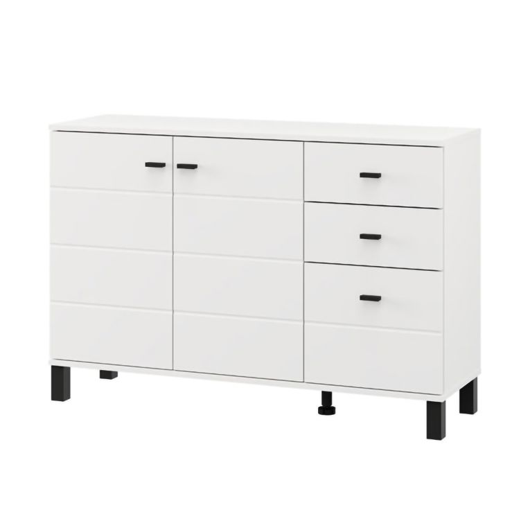 Credenza Bianco Opaco Nero 3 Cassetti 2 Ripiani 116x35x78h cm, Apertura Battente, Scorrevole - Guatav