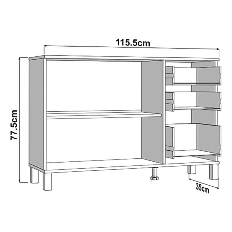 Credenza Bianco Opaco Nero 3 Cassetti 2 Ripiani 116x35x78h cm, Apertura Battente, Scorrevole - Guatav