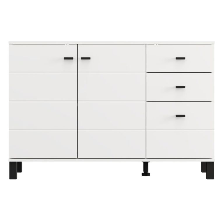 Credenza Bianco Opaco Nero 3 Cassetti 2 Ripiani 116x35x78h cm, Apertura Battente, Scorrevole - Guatav