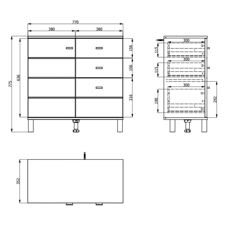 Credenza Bianco Opaco Nero 3 Cassetti 2 Ripiani 77x35x78h cm, Apertura Battente, Scorrevole - Ollant