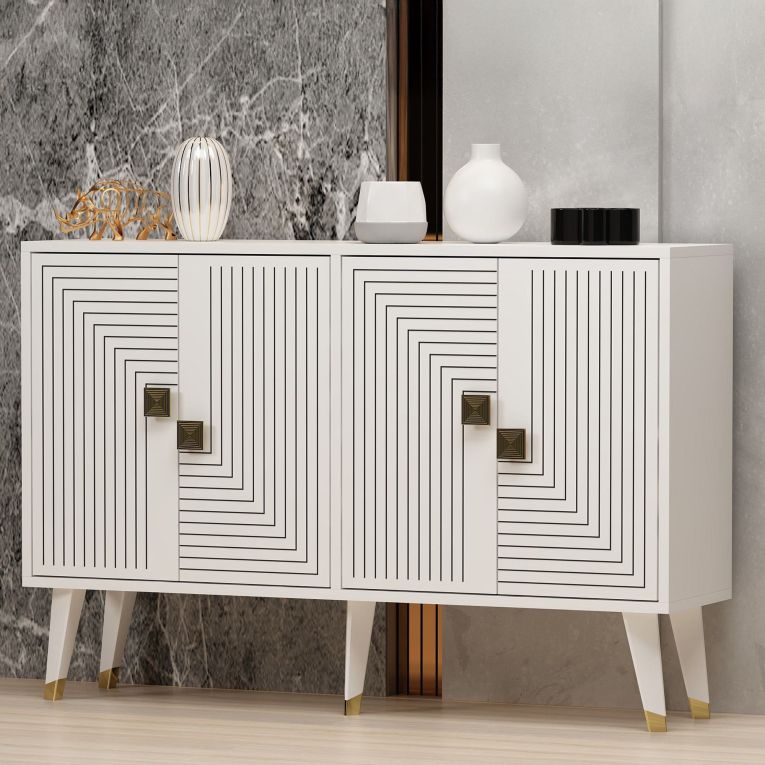 Credenza Bianco oro 2 Ripiani 4 Ante 120x30x80h cm, Effetto Geometrico - Thiene
