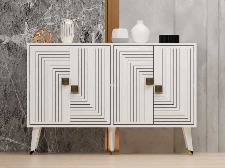 Credenza Bianco oro 2 Ripiani 4 Ante 120x30x80h cm, Effetto Geometrico - Thiene