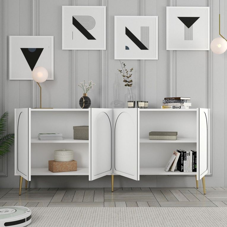 Credenza Bianco oro 2 Ripiani 4 Ante 180x35x80h cm, 4 Vani - Torno