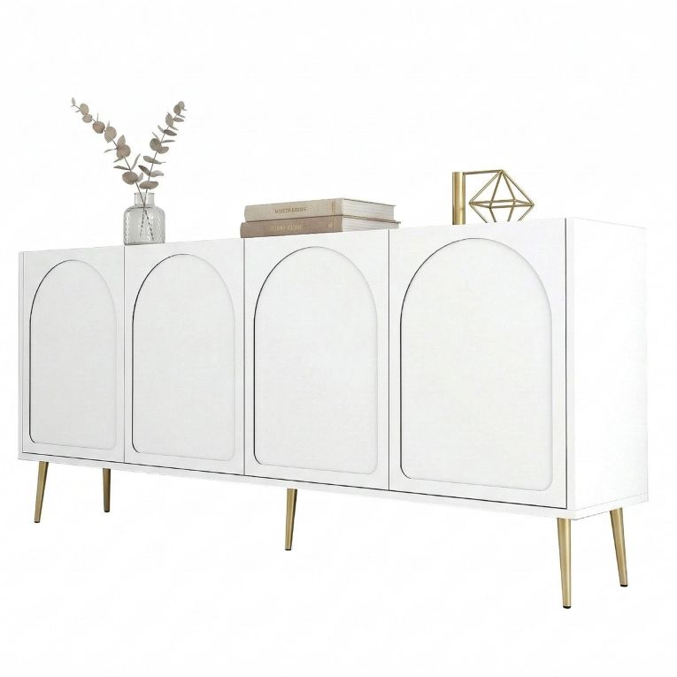Credenza Bianco oro 2 Ripiani 4 Ante 180x35x80h cm, 4 Vani - Torno