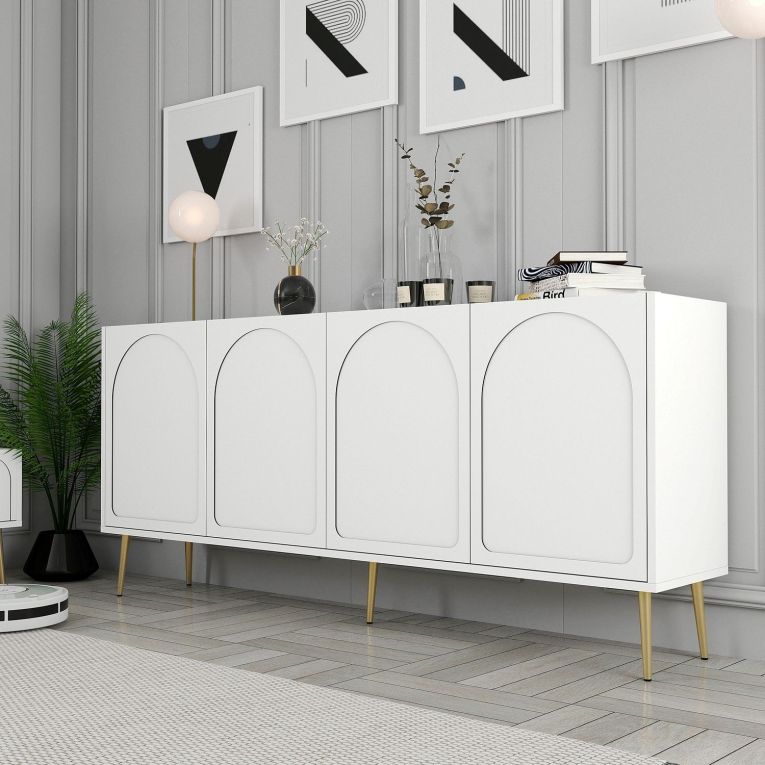 Credenza Bianco oro 2 Ripiani 4 Ante 180x35x80h cm, 4 Vani - Torno